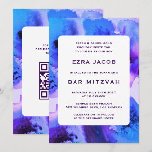 BluePurpl Watercolor Custom QRCode Bar/Bat Mitzvah Einladung