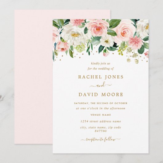 Blues Blush Gold Wedding Einladung (Vorne/Hinten)