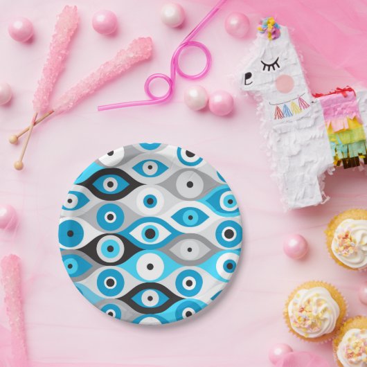 Blues des griechischen Bösen Auges und des Graues Pappteller (Party)