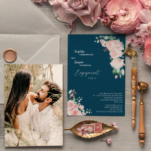 Blues-Floral-Navy-Foto-Engagement-Partei Einladung