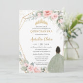 Blues Floral Sage Green Brocess Princess Quinceañe Einladung (Stehend Vorderseite)