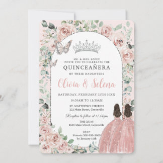 Blues Floral Twins Princesses Silver Quinceañera Einladung
