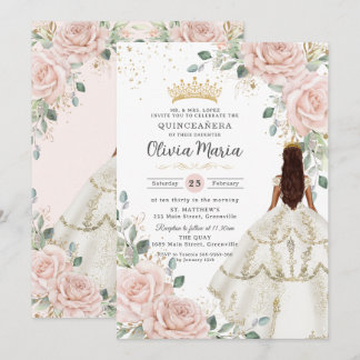 Blues Floral White Dress Princess Gown Quinceañera Einladung