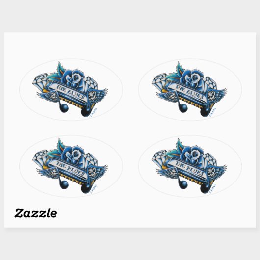 Blues Harmonica Flash Art Ovaler Aufkleber (Blatt)