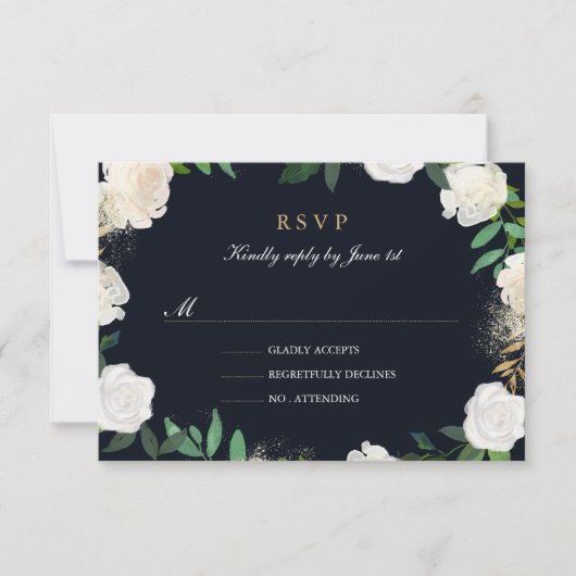 Blues Leaf Blush Navy Gold Hochzeit RSVP Karte (Vorderseite)