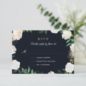 Blues Leaf Blush Navy Gold Hochzeit RSVP Karte (Stehend Vorderseite)