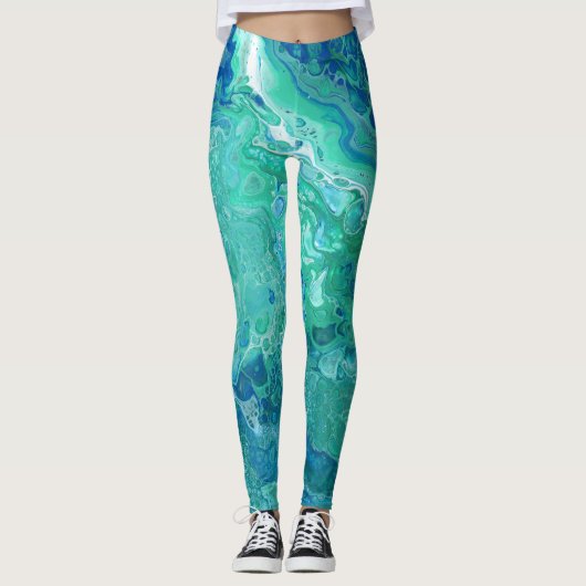 Blues-u. Grüntöne-abstrakte Leggings - "Atlantis " (Vorderseite)
