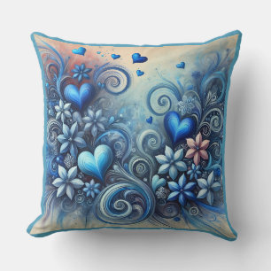 Blues über Herz und Blume Kissen