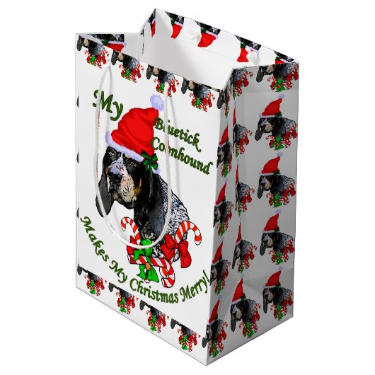 Bluetick Coonhound Christmas Mittlere Geschenktüte (Rückseite Schrägansicht)