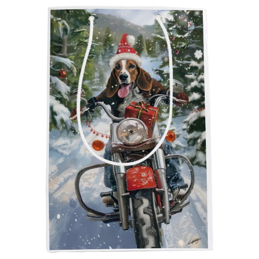 Bluetick Coonhound Dog Riding Motorrad Weihnachten Mittlere Geschenktüte (Vorderseite)