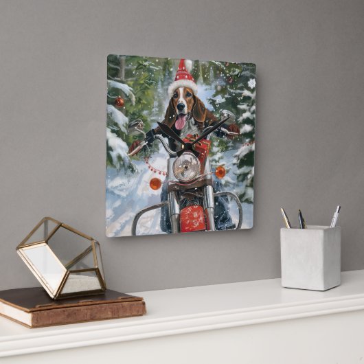 Bluetick Coonhound Dog Riding Motorrad Weihnachten Quadratische Wanduhr (Büro)