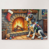 Bluetick Coonhound Fireplace with Christmas Lights Puzzle (Horizontal)