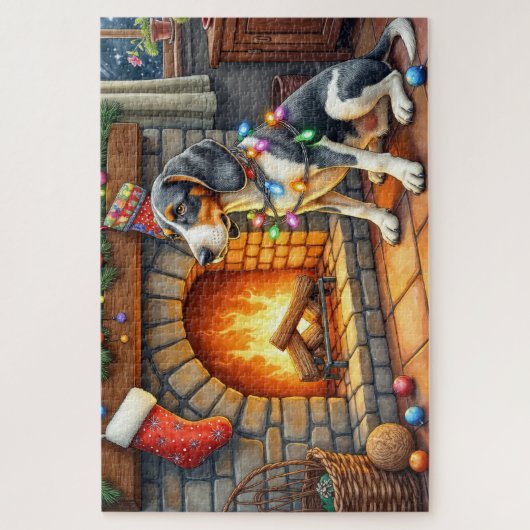 Bluetick Coonhound Fireplace with Christmas Lights Puzzle (Vertikal)