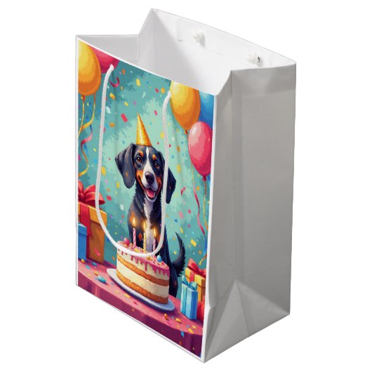 Bluetick Coonhound Geburtstagsfeier Mittlere Geschenktüte (Vorderseite Schrägansicht)