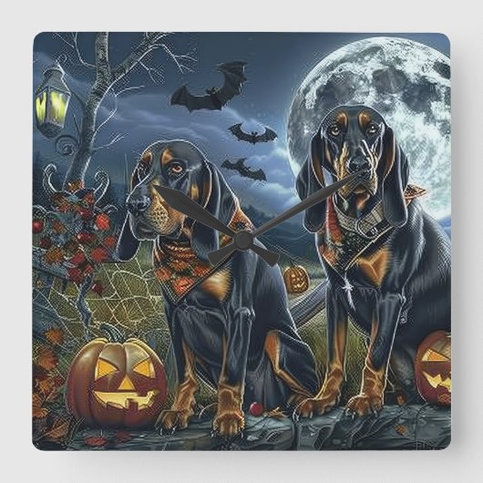 Bluetick Coonhound Halloween Spooky Quadratische Wanduhr (Vorderseite)
