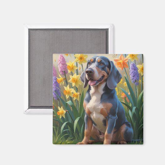 Bluetick Coonhound Hund Frühlingsblumen Malerei Magnet (Vorderseite/Rückseite)