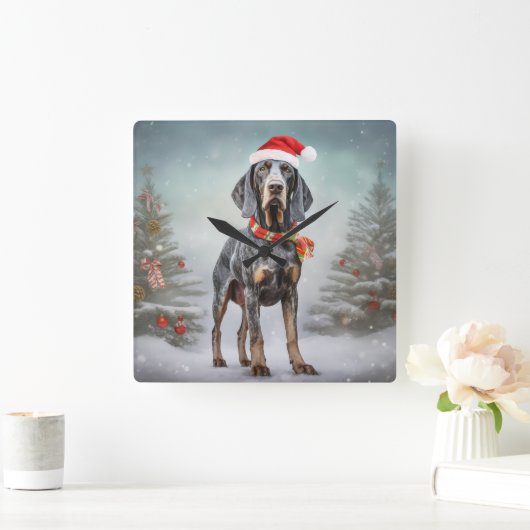 Bluetick Coonhound Hund im Schnee Weihnachten Quadratische Wanduhr (Zuhause)