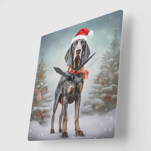 Bluetick Coonhound Hund im Schnee Weihnachten Quadratische Wanduhr (Winkel)