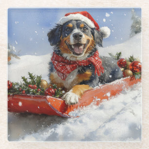 Bluetick Coonhound Hund in Sledge Weihnachten Glasuntersetzer