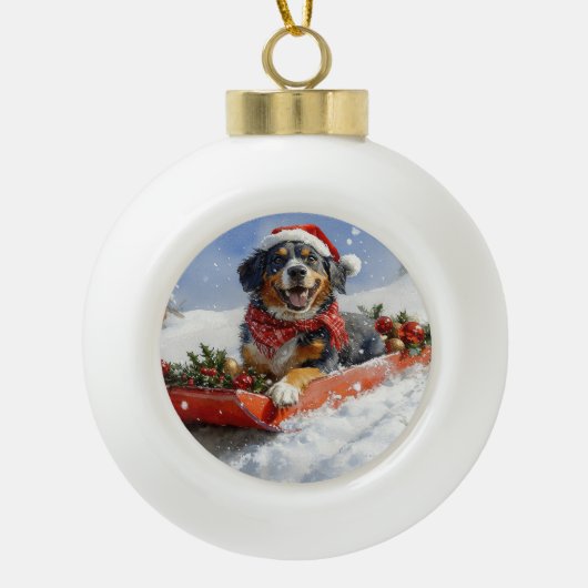 Bluetick Coonhound Hund in Sledge Weihnachten Keramik Kugel-Ornament (Vorderseite)