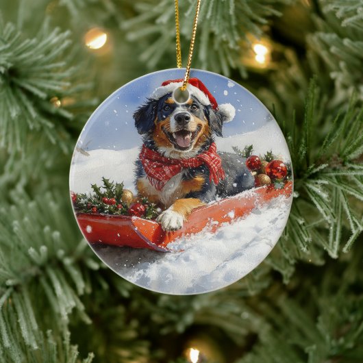 Bluetick Coonhound Hund in Sledge Weihnachten Keramik Ornament (Baum)