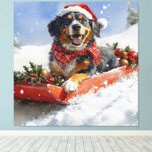 Bluetick Coonhound Hund in Sledge Weihnachten Leinwanddruck (Insitu (Holzboden))