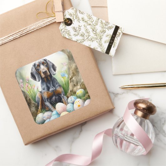 Bluetick Coonhound Hund mit Ostereiern Urlaub Quadratischer Aufkleber (Schenken)