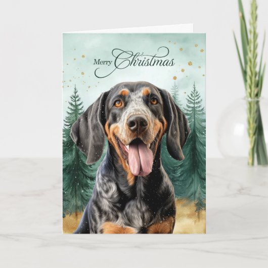 Bluetick Coonhound Hund und Winterwald Feiertagskarte (Vorderseite)