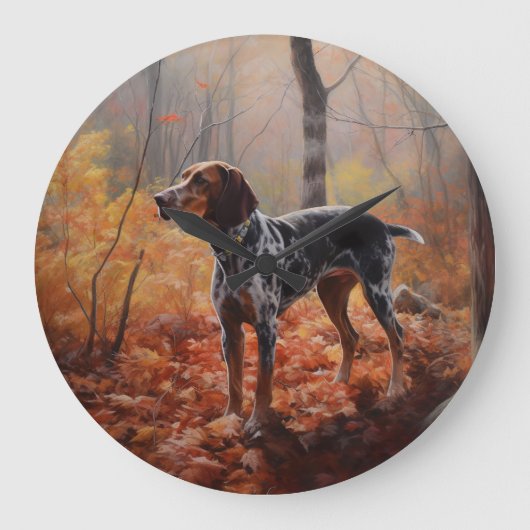 Bluetick Coonhound im Herbst Leaves Fall Inspirier Große Wanduhr (Vorderseite)