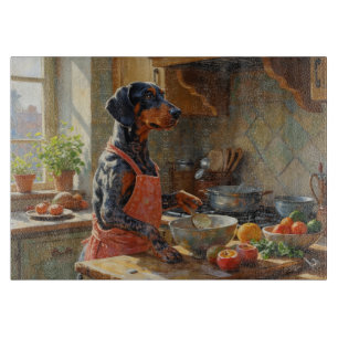 Bluetick Coonhound kocht in der Küche Schneidebrett