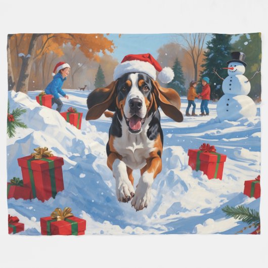 Bluetick Coonhound läuft im Schnee mit Weihnachten Fleecedecke (Vorderseite (Horizontal))