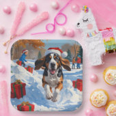 Bluetick Coonhound läuft im Schnee mit Weihnachten Pappteller (Party)
