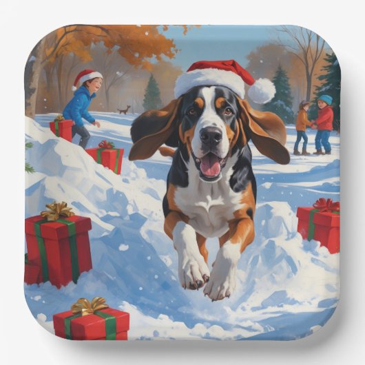 Bluetick Coonhound läuft im Schnee mit Weihnachten Pappteller (Vorderseite)