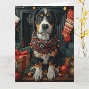 Bluetick Coonhound mit Weihnachtsgeschenken Feuerp Karte