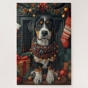Bluetick Coonhound mit Weihnachtsgeschenken Kamin Puzzle