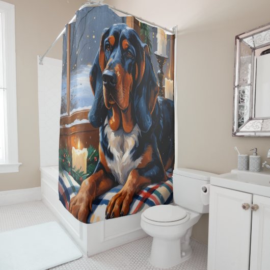 Bluetick Coonhound mit Weihnachtslichtern Feiertag Duschvorhang (Beispiel)