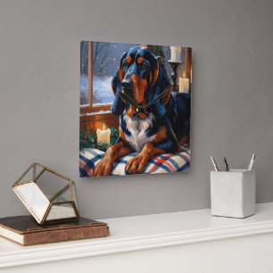 Bluetick Coonhound mit Weihnachtslichtern Feiertag Quadratische Wanduhr