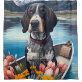 Bluetick Coonhound on a Paddle: Ein Landschaftlich Duschvorhang (Vorderseite)