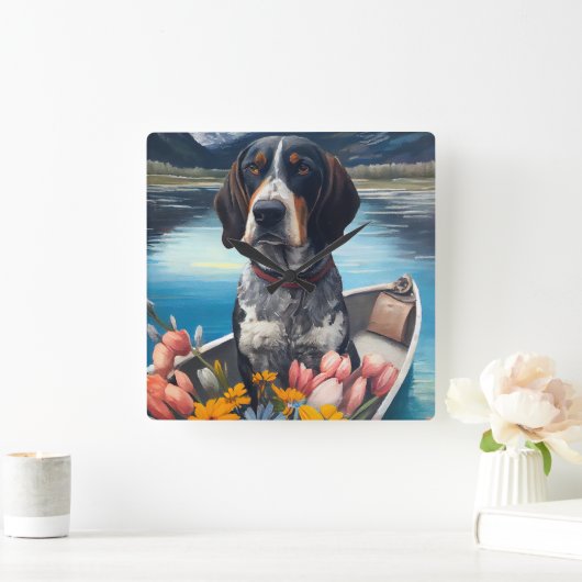 Bluetick Coonhound on a Paddle: Ein Landschaftlich Quadratische Wanduhr (Zuhause)