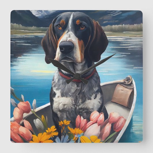 Bluetick Coonhound on a Paddle: Ein Landschaftlich Quadratische Wanduhr (Vorderseite)