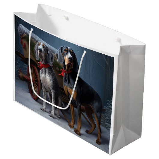 Bluetick Coonhound Snowy Sleigh Weihnachtsdekor Große Geschenktüte (Vorderseite Schrägansicht)
