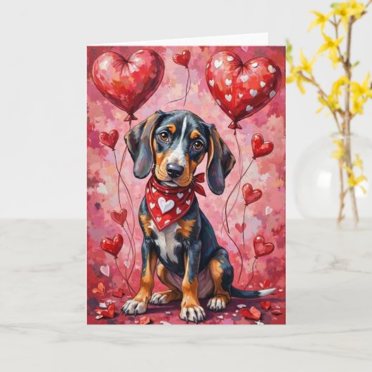 Bluetick Coonhound Valentinstag Hund sitzend Karte (Gelbe Blume)