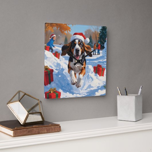 Bluetick Coonhound Weihnachtsfest Schneeszene Quadratische Wanduhr (Büro)