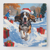 Bluetick Coonhound Weihnachtsfest Schneeszene Quadratische Wanduhr (Vorderseite)