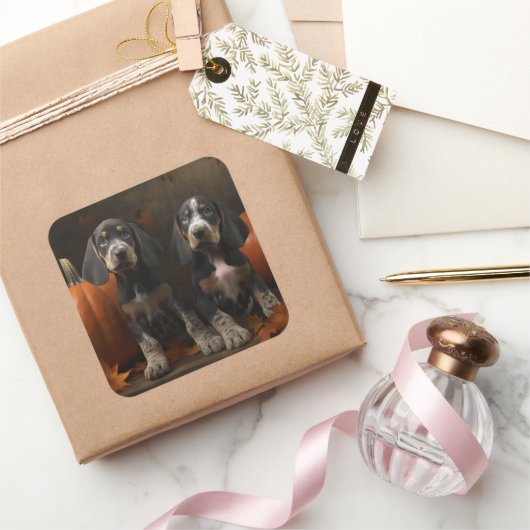 Bluetick Coonhound Welpe Herbst Delight Pumpen Quadratischer Aufkleber (Schenken)