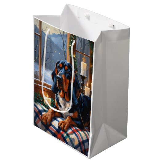 Bluetick Coonhound With Christmas Lights Holiday Mittlere Geschenktüte (Vorderseite Schrägansicht)