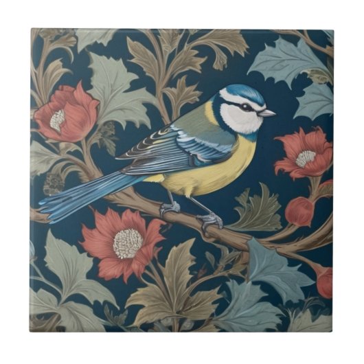 Bluetit William Morris Style Right Bird Blue Tit Fliese (Vorderseite)