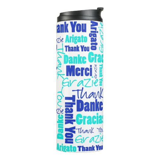 BlueTurquoise Multilingual Danke Typografie Thermosbecher (Nach links gedreht)