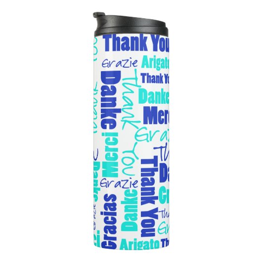 BlueTurquoise Multilingual Danke Typografie Thermosbecher (Nach rechts gedreht)