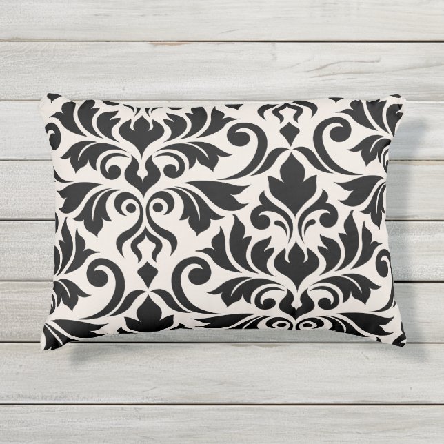 Blüh Damask Art I Black on Cream Kissen Für Draußen (Vorderseite)